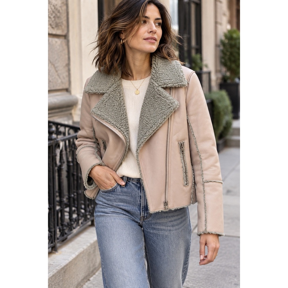 BLANKNYC Faux Leather Shearling Moto‎ Jacket Asymmetrical Zip Pink M